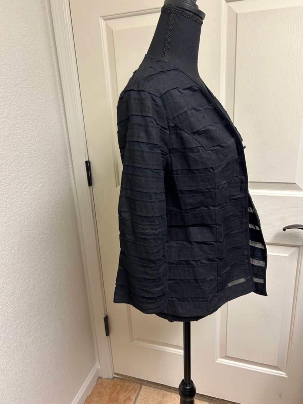 Chico's black jacket featuring striped textured fabric with sheer panels, Size 0 - Picture 5 of 9